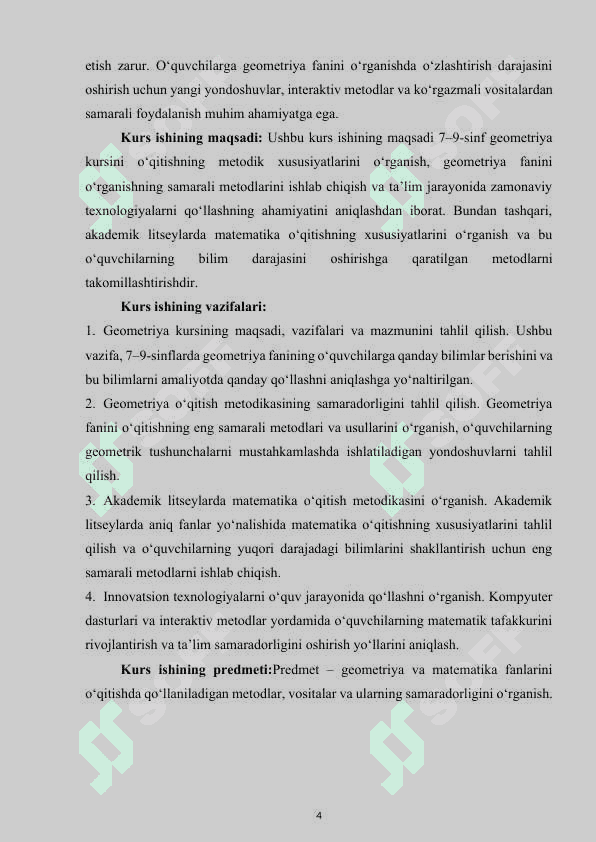 7–9 SINFLARDA GEOMETRIYA O‘QITISHNING MAQSADI, VAZIFALARI VA MAZMUNI 4