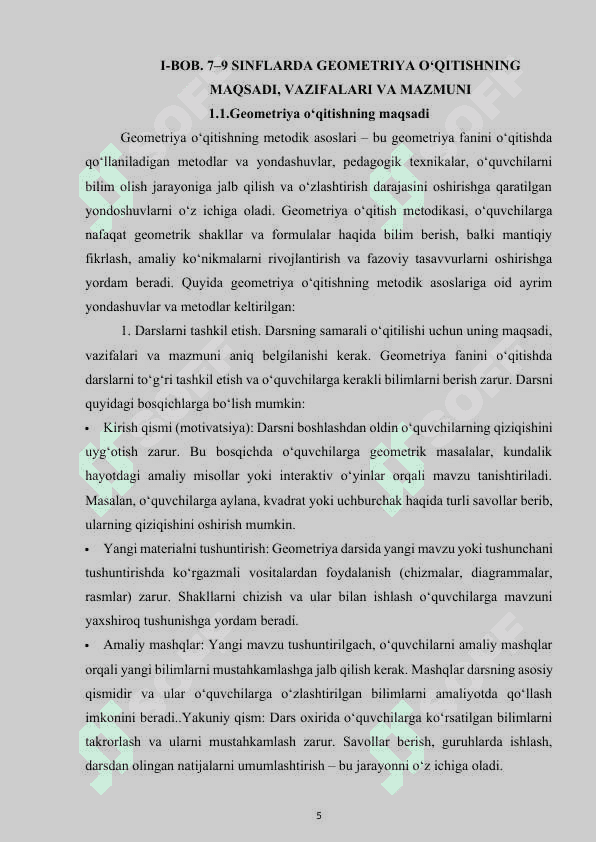 7–9 SINFLARDA GEOMETRIYA O‘QITISHNING MAQSADI, VAZIFALARI VA MAZMUNI 5