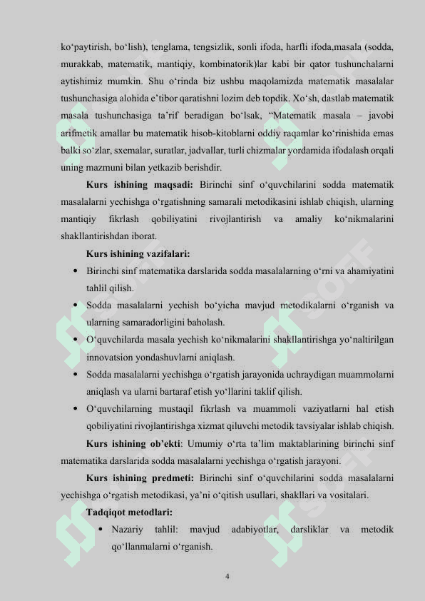 Birinchi sinfda matematikadan sodda masalalar va ularni yechishga o'rgatish metodikasi. 4