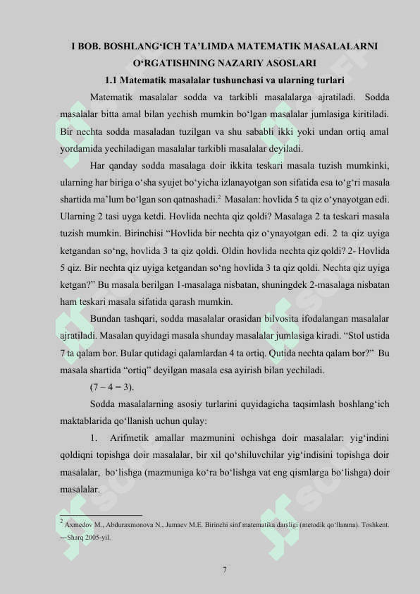 Birinchi sinfda matematikadan sodda masalalar va ularni yechishga o'rgatish metodikasi. 7