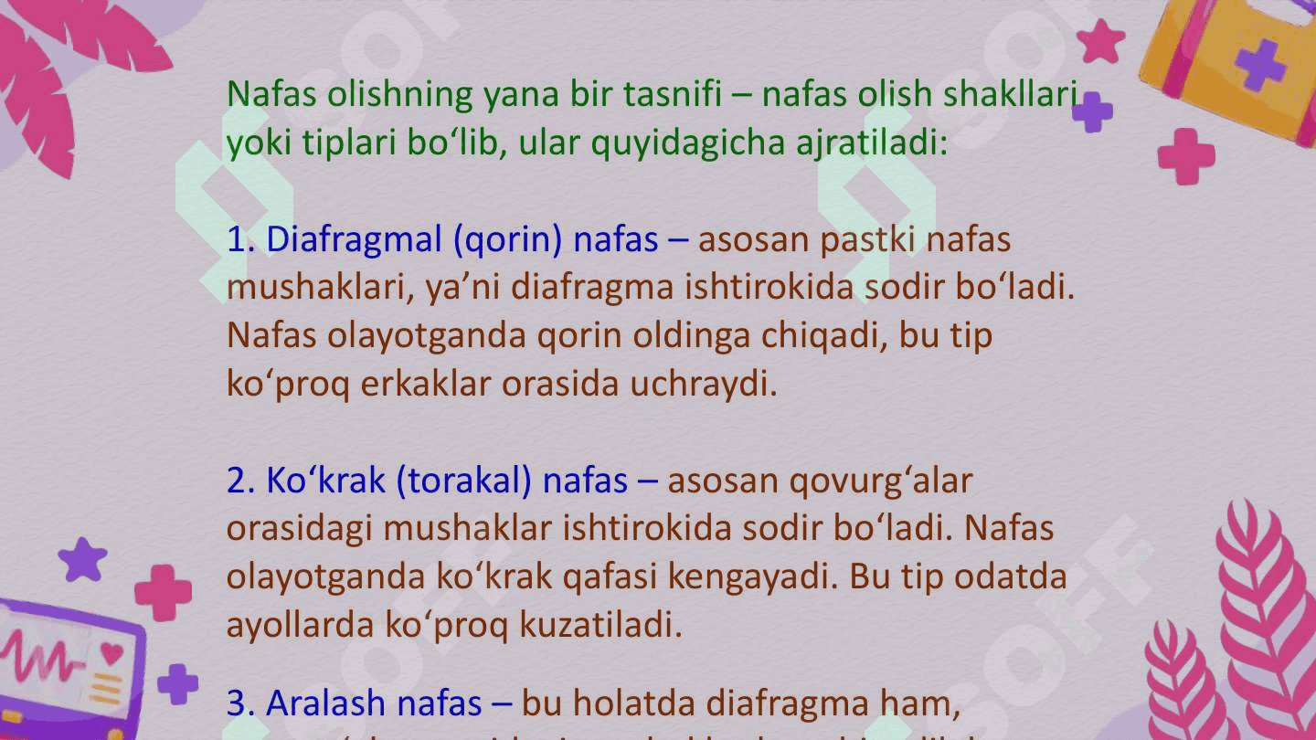 Nafas tiplari. Nafasning o'z-o'zini boshqarishi O'pkaning nafasga oid bo'lmagan funktsiyalari. Sun'iy nafas 5