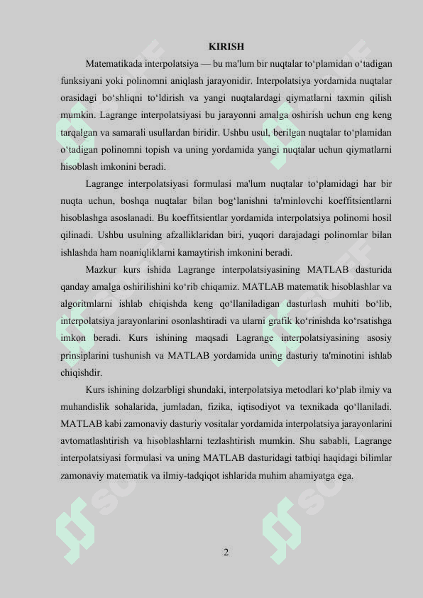 LOGRANJ INTERPOLYATSION FORMULASINING MATLAB DASTURIDAGI TADBIG’I.(KURS ISHI) 2