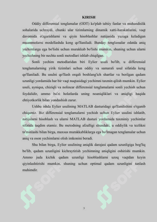ODDIY DIFFERENSIAL TENGLAMALARNI SONLI YECHISH EYLER USULINING MATLAB DASTURIDAGI TADBIG’I 2