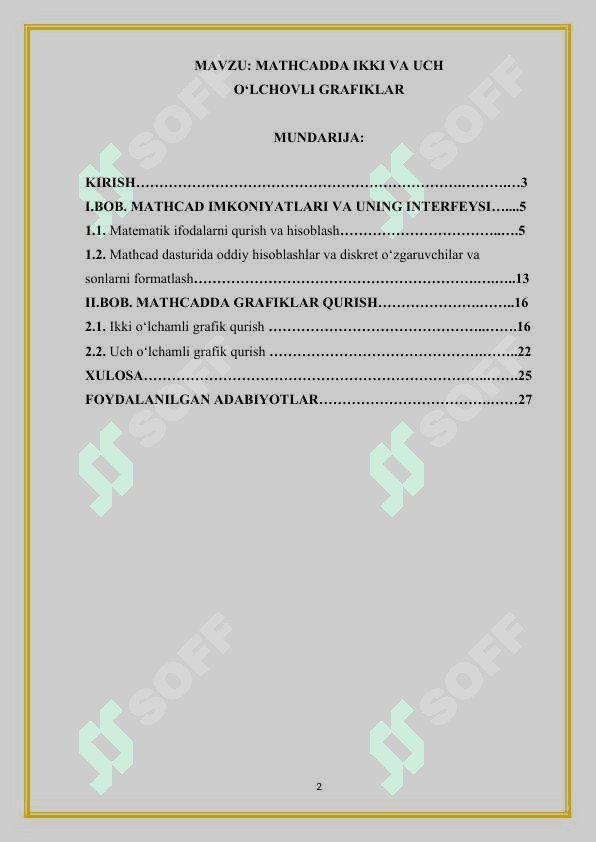 MATHCADDA IKKI VA UCH O'LCHOVLI GRAFIKLAR 2