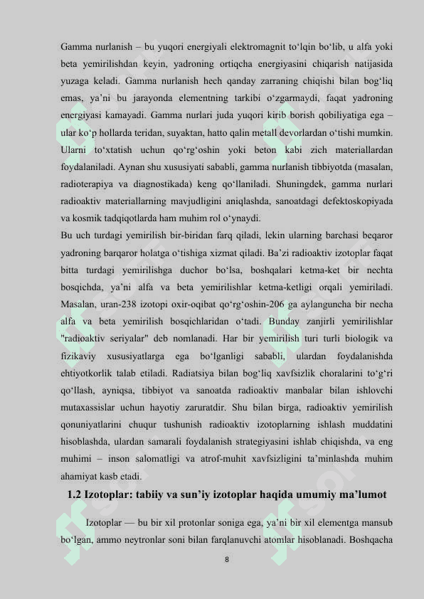 radioaktiv elementlarning yemirilishi. (radioaktiv izotopning ishlash muddatini hisoblash. 8