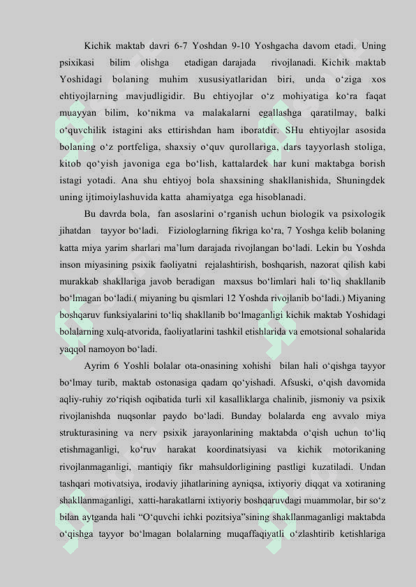 Kichik maktab yoshdagi bolalarning psixik taraqqiyotida o'qish faoliyatining o'rni 2