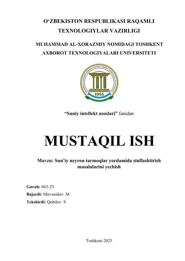 Sun’iy neyron tarmoqlar yordamida sinflashtirish masalalarini yechish