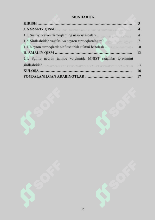Sun’iy neyron tarmoqlar yordamida sinflashtirish masalalarini yechish 2