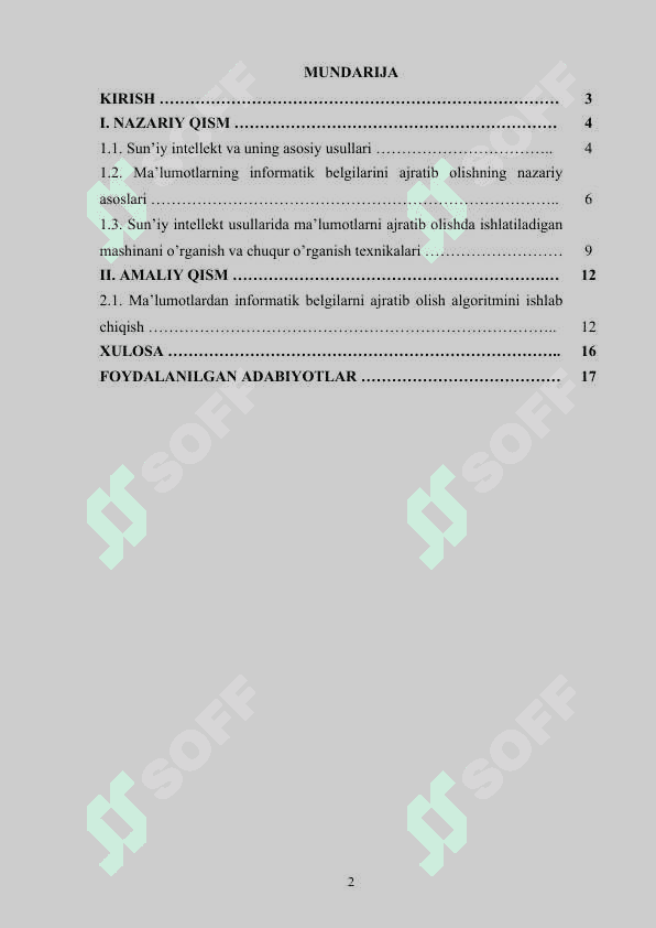 Sun’iy intellektda usullari yordamida ma’lumotlarning informatik belgilarini ajratib olish algoritmini ishlab chiqish 2