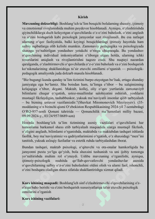 Boshlang'ich sinf o'zlashtirmovchi o'quvchilarining o'z-o'ziga baho berishi va o'zini boshqarish xususiyatlariga ta'sir etuvchi psixologik omillar 2
