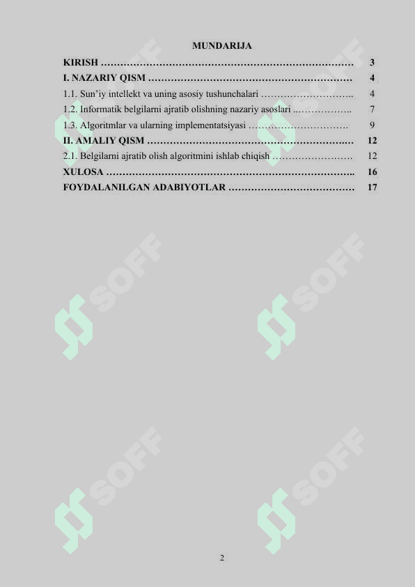 Sun’iy intellektda usullari yordamida ma’lumotlarning informatik belgilarini ajratib olish algoritmini ishlab chiqish 2
