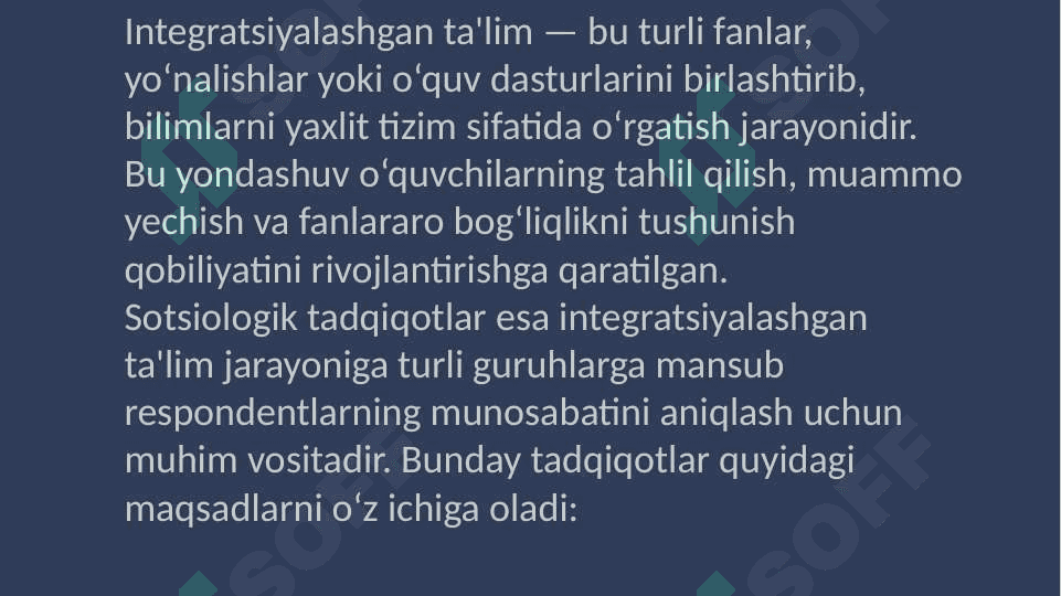Integratsiyalashgan taʼlimni amaliyotga tatbiq etish boʻyicha turli guruhlarga mansub respandentlarning fikrlarini aniqlash boʻyicha sotsiologik tadqiqotlar 3