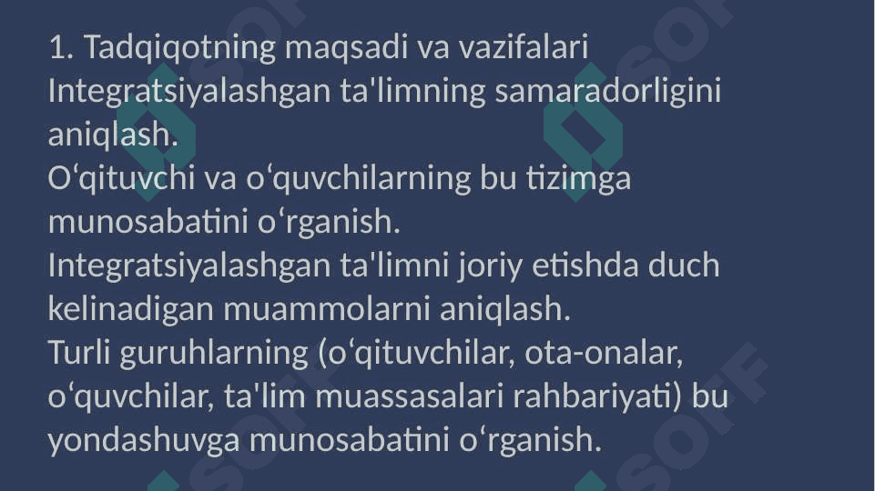 Integratsiyalashgan taʼlimni amaliyotga tatbiq etish boʻyicha turli guruhlarga mansub respandentlarning fikrlarini aniqlash boʻyicha sotsiologik tadqiqotlar 4