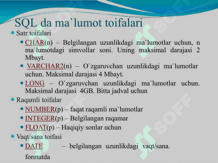 SQL tili va operatorlarini yozish 2