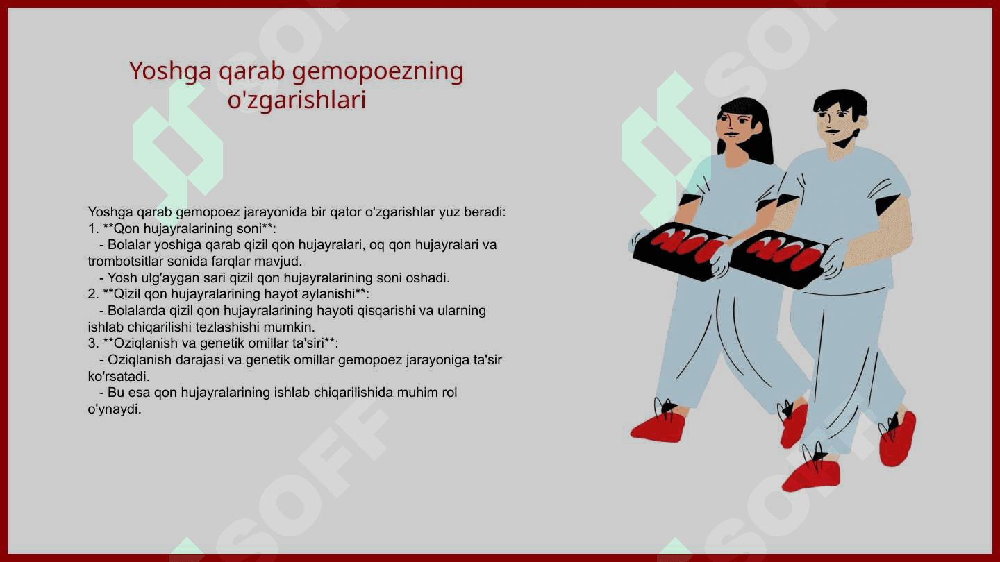 Bolalarda gemopoez.Uning yoshga boĝliq xususiyatlari.Turli yoshdagi soĝlom bolalarning gemogrammasi.Bolalarda gematopoez organlarni òrganish metodikasi.Bola tuĝilgandan keyin gematopoez. 5