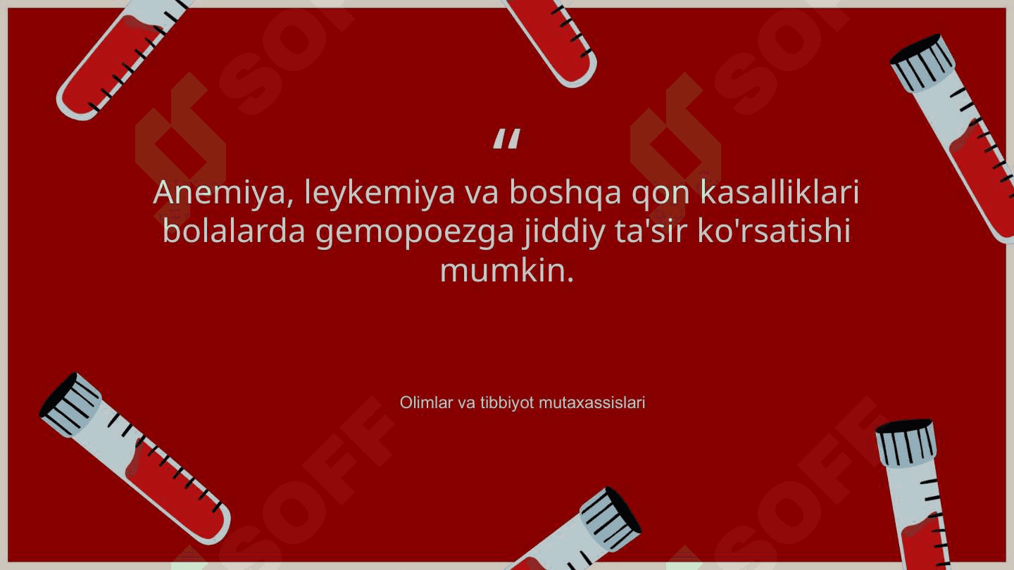 Bolalarda gemopoez.Uning yoshga boĝliq xususiyatlari.Turli yoshdagi soĝlom bolalarning gemogrammasi.Bolalarda gematopoez organlarni òrganish metodikasi.Bola tuĝilgandan keyin gematopoez. 6