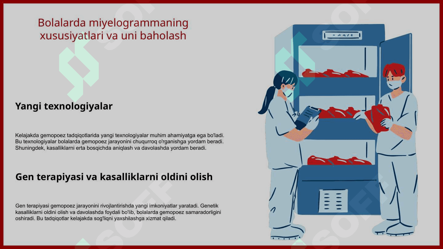 Bolalarda gemopoez.Uning yoshga boĝliq xususiyatlari.Turli yoshdagi soĝlom bolalarning gemogrammasi.Bolalarda gematopoez organlarni òrganish metodikasi.Bola tuĝilgandan keyin gematopoez. 8