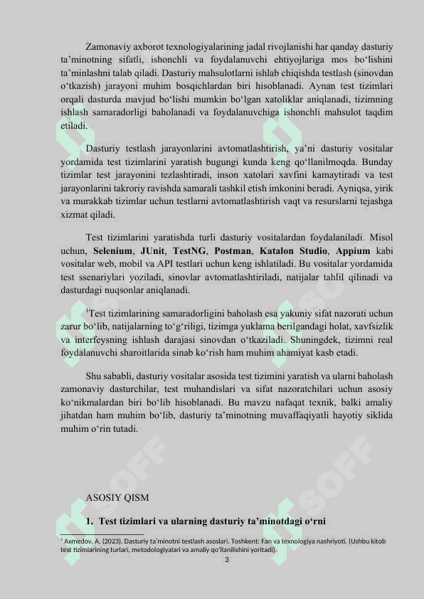 MAVZU: Dasturiy vositalar asosida test tizimini yaratish va ularni baholashda qoʻllash. Referat 3