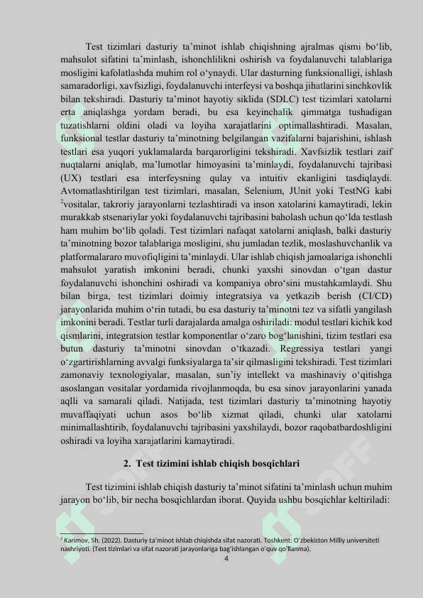 MAVZU: Dasturiy vositalar asosida test tizimini yaratish va ularni baholashda qoʻllash. Referat 4