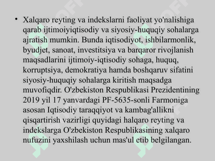O'zbekiston Respublikasining xalqaro reyting va indekslardagi o'rni va nufuzini ortib borishi 2