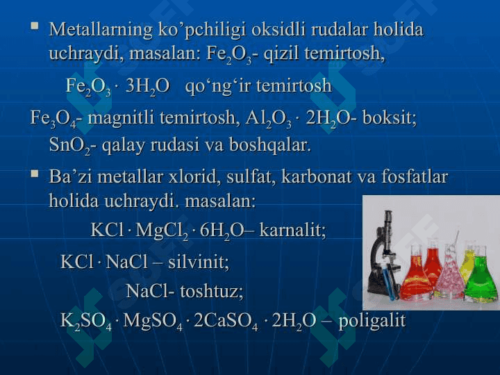 Metallar, ularning tabiatda uchrashi, olinish usullari, kimyoviy xossalari 6