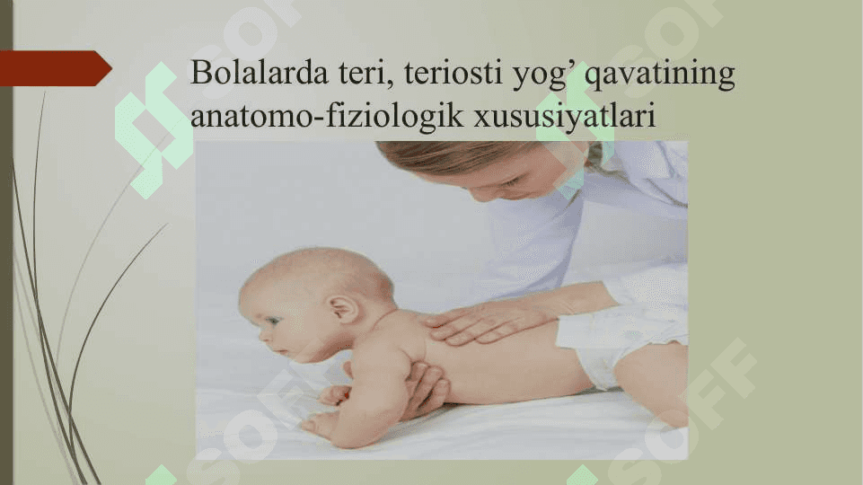 Bemor bolani umumiy ko'zdan kechirish Tana qismlari bo'yicha ko'zdan kechirish: bosh, yuz, bo'yin, teri qoplamlari, teri osti yog' klechatkasi, mushaklar, suyaklar, bug'imlar, qo'l-oyoqlar. Bolalarni o'sish va rivojlanishini baholash standartlari va mezonlari 2
