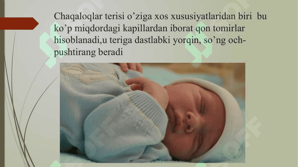 Bemor bolani umumiy ko'zdan kechirish Tana qismlari bo'yicha ko'zdan kechirish: bosh, yuz, bo'yin, teri qoplamlari, teri osti yog' klechatkasi, mushaklar, suyaklar, bug'imlar, qo'l-oyoqlar. Bolalarni o'sish va rivojlanishini baholash standartlari va mezonlari 7