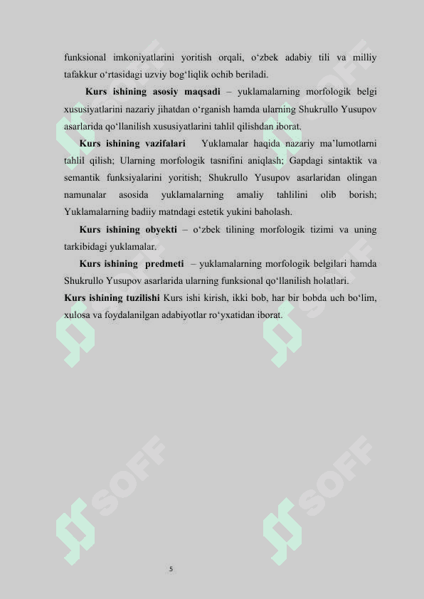 Yuklamalarning morfologik belgi xususiyatlari. Shukrullo asarlari misolida  kurs ishi 5