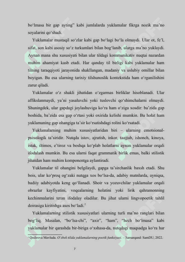 Yuklamalarning morfologik belgi xususiyatlari. Shukrullo asarlari misolida  kurs ishi 7