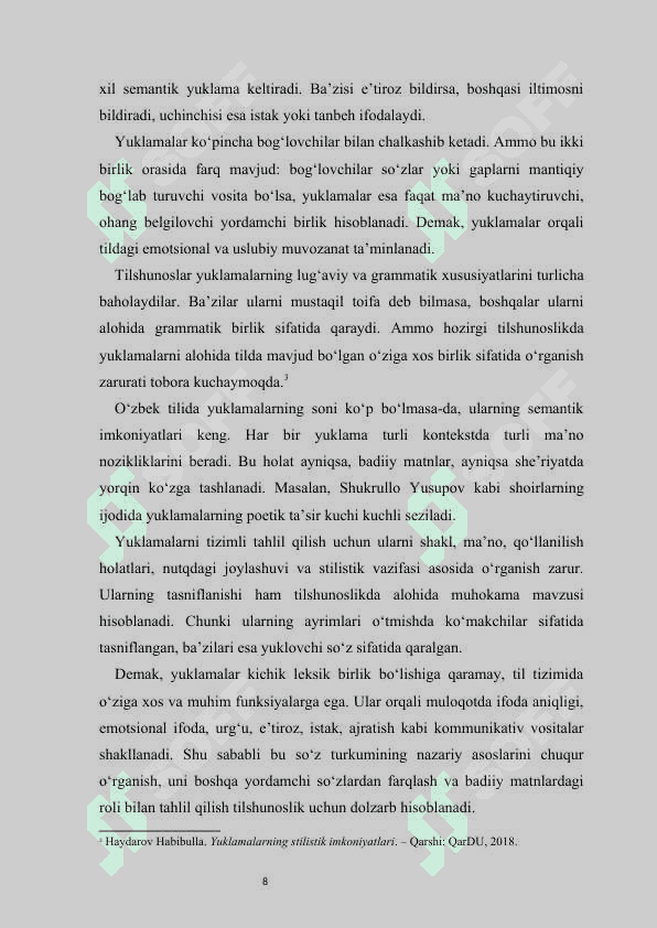 Yuklamalarning morfologik belgi xususiyatlari. Shukrullo asarlari misolida  kurs ishi 8