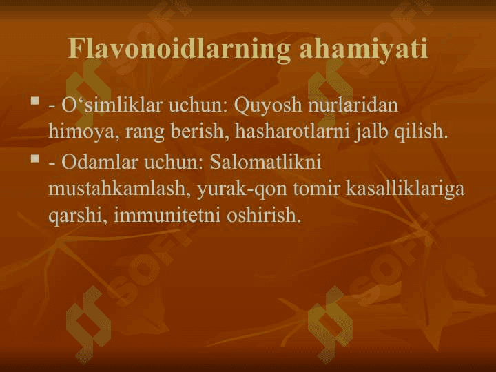 Flavonoidlar biosintezi. Flavonodilarni o ‘rganishda Vatan olimlarining tutgan  o‘mi. Uch rangli gunafsha o’simligi. 7