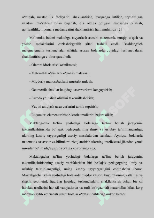 MAKTABGACHA TA'LIM MUASSASALARIDA MATEMATIKANI TASHKIL ETISHNING O'ZIGA XOSLIGI 7