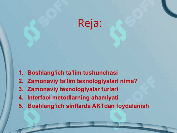 Boshlang'ich va ularning ta'limida zamonaviy tehnoligiyalar, o'quv jarayonlarini tashkil etish usullari va shakllari. 2