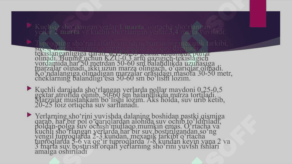 Sho’rlangan yerlarda asosiy sho’ri yuvib bo’lingandan keyin ekiladigan dastlabki o’zlashtirish ekinlarini yetishtirish texnologiyalari 4