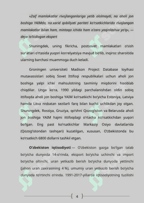 “O’zbekiston iqtisodiyotida tarkibiy o’zgarishlarni amalga oshirishning ustuvor yo’nalishlari” 4