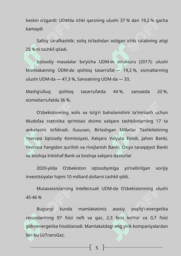 “O’zbekiston iqtisodiyotida tarkibiy o’zgarishlarni amalga oshirishning ustuvor yo’nalishlari” 5