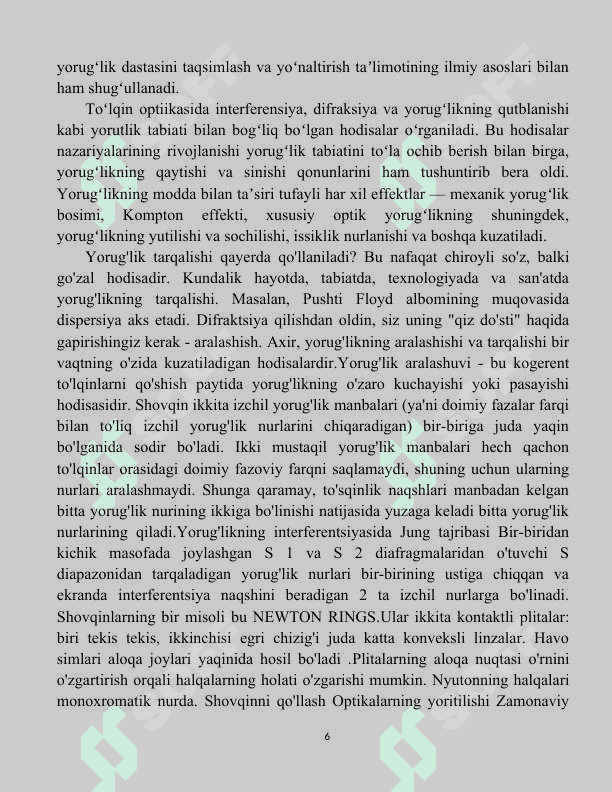 CHIZIQLI OPTIKA ASOSLARI . YORUG’LIK BOSIMI . Doppler effekti 6