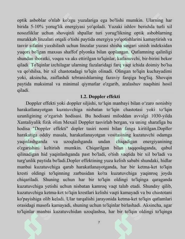 CHIZIQLI OPTIKA ASOSLARI . YORUG’LIK BOSIMI . Doppler effekti 7