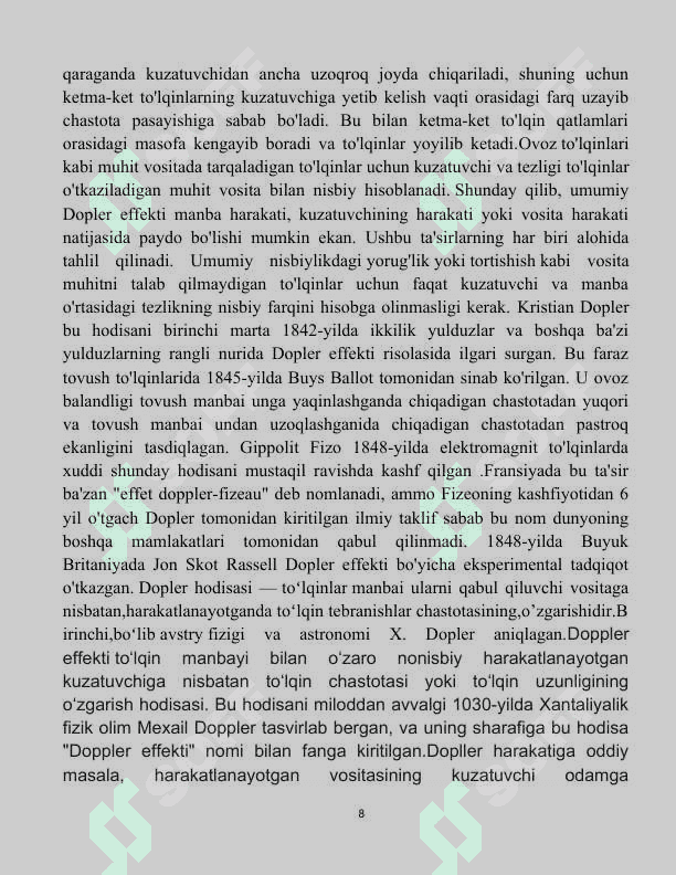 CHIZIQLI OPTIKA ASOSLARI . YORUG’LIK BOSIMI . Doppler effekti 8