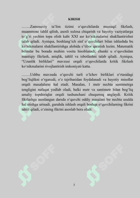3- sinf matematika darslarida “Uzunlik birliklari” mavzusi orqali o`quvchilarda kritik fikrlashni rivojlantirish 3