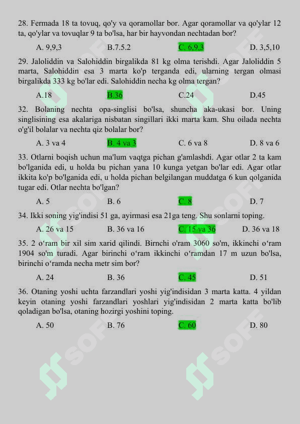Tenglamalar sistemasiga doir test. Prezident maktabiga tayyorgarlik 2