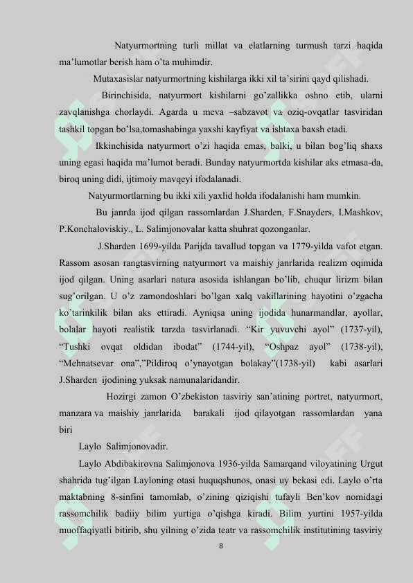 UMUMIY O‘RTA TA’LIM MAKTABLARIDA TASVIRIY SAN’AT MASHG‘ULOTLARINI O‘RGATISH 8