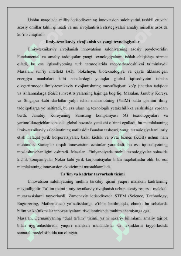 Milliy iqtisodiyotning innovatsion salohiyati va undan foydalanish 4-Topshiriq 3