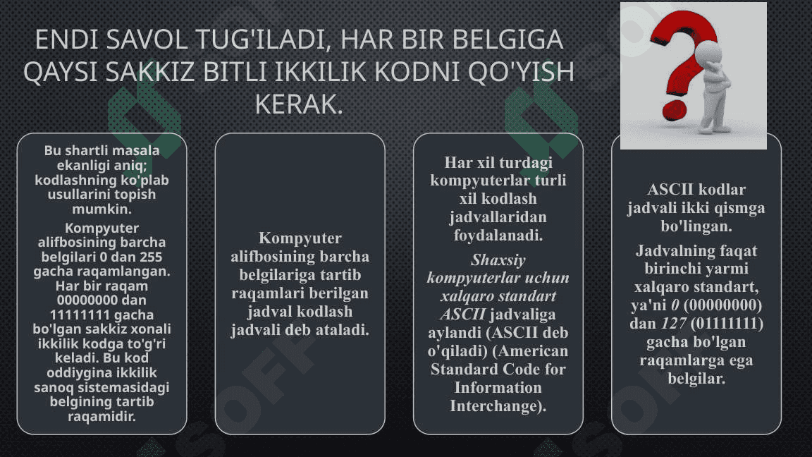 Sonli ma'lumotlarni kodlash. Matni maʼlumotlarni kodlash. Grafik ma'lumotlarni kodlash 8