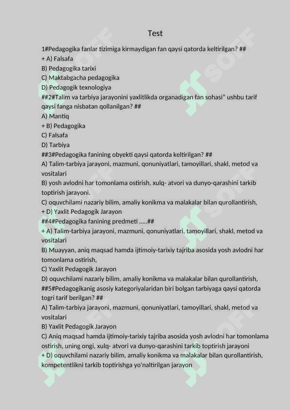 Maktabgacha ta`lim tarbiyani tashkil qilish fanidan test 2