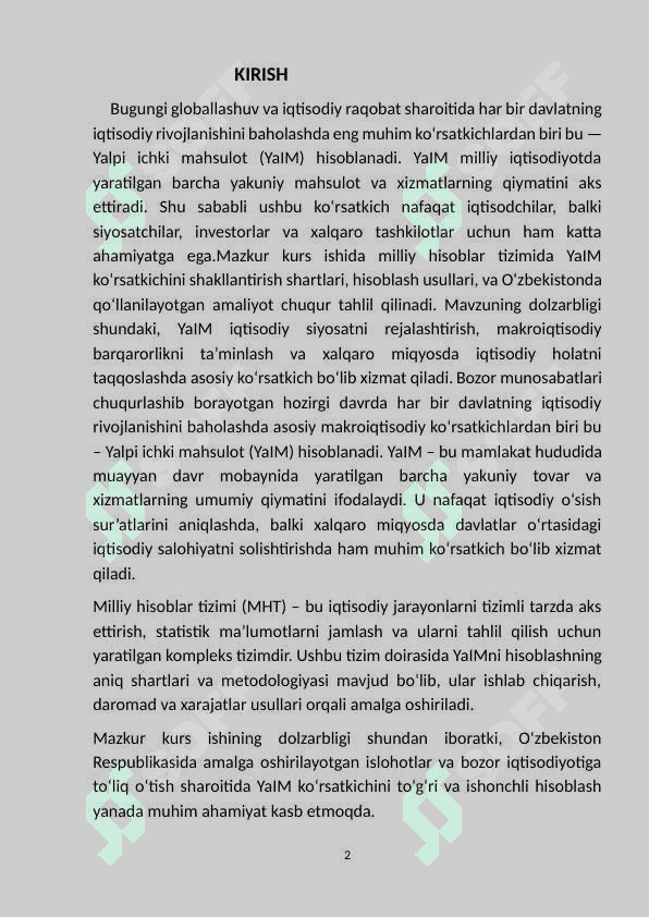 Milliy hisobotlar tizimida yalpi  ichki mahsulot  ko’rsatkichini hisoblash shartlari va usullari. 2