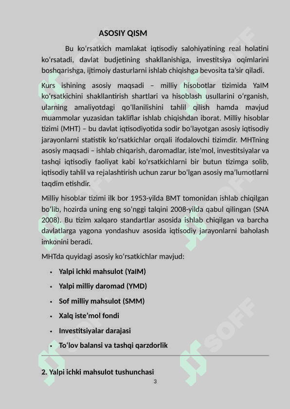 Milliy hisobotlar tizimida yalpi  ichki mahsulot  ko’rsatkichini hisoblash shartlari va usullari. 3