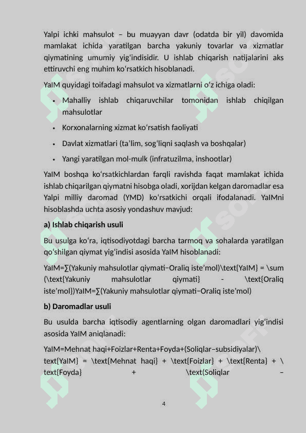 Milliy hisobotlar tizimida yalpi  ichki mahsulot  ko’rsatkichini hisoblash shartlari va usullari. 4