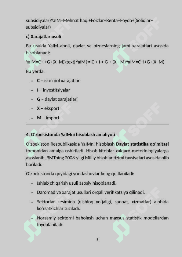 Milliy hisobotlar tizimida yalpi  ichki mahsulot  ko’rsatkichini hisoblash shartlari va usullari. 5