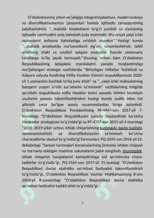 Milliy hisobotlar tizimida yalpi  ichki mahsulot  ko’rsatkichini hisoblash shartlari va usullari. 7